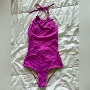 Vanilla Beach - Scalloped Fuschia Halter One-piece Swimsuit - Size Small